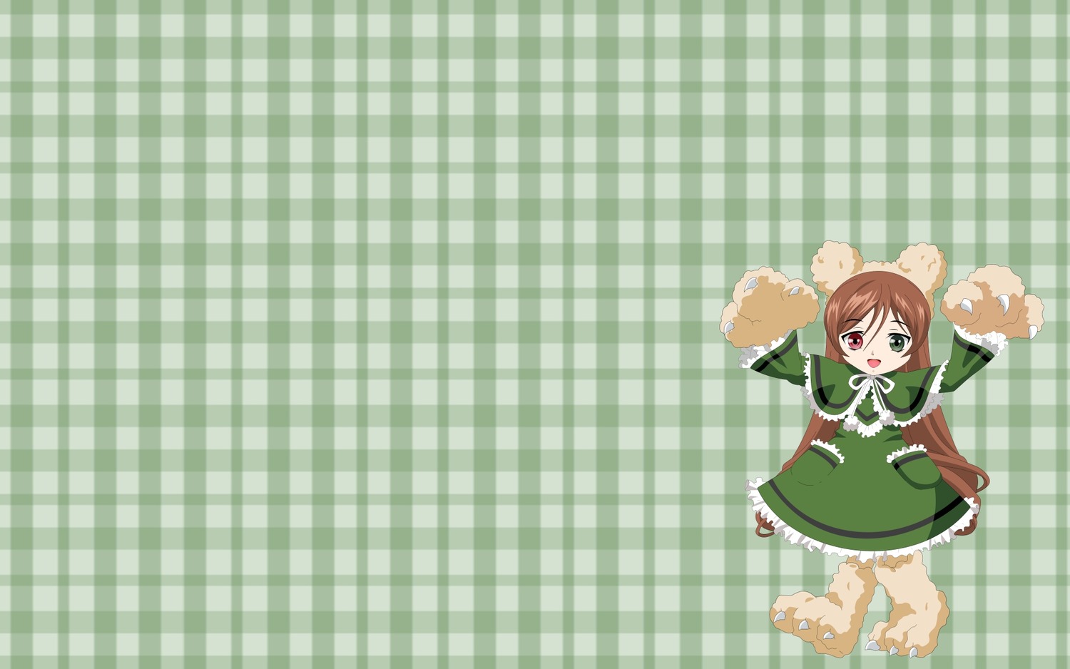 1girl argyle argyle_background brown_hair checkered checkered_background checkered_floor dress frills green_dress green_eyes heterochromia image long_hair long_sleeves open_mouth plaid plaid_background solo suiseiseki