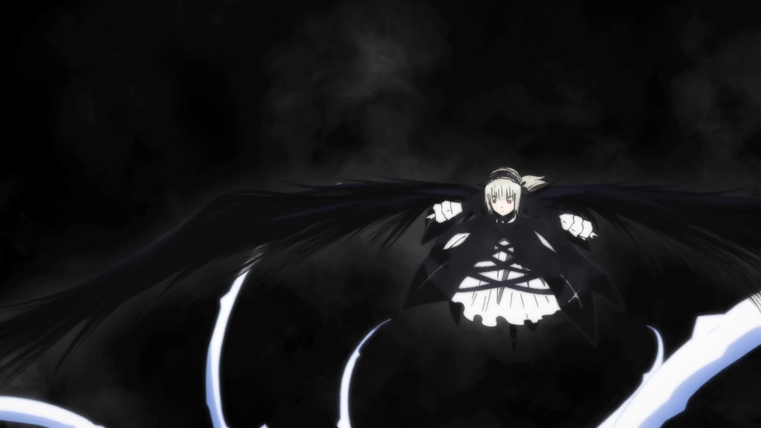 1girl dress image long_hair monochrome solo suigintou very_long_hair wings