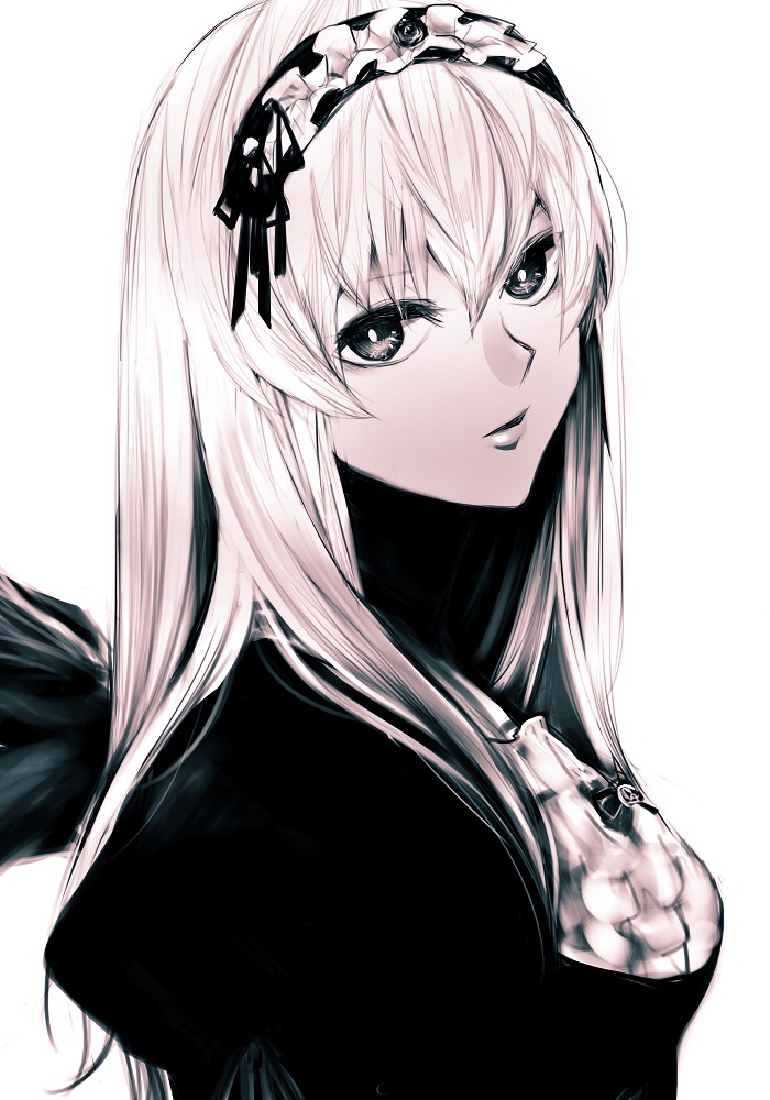 1girl bangs eyebrows_visible_through_hair hairband image long_hair looking_at_viewer monochrome simple_background solo striped suigintou upper_body white_background