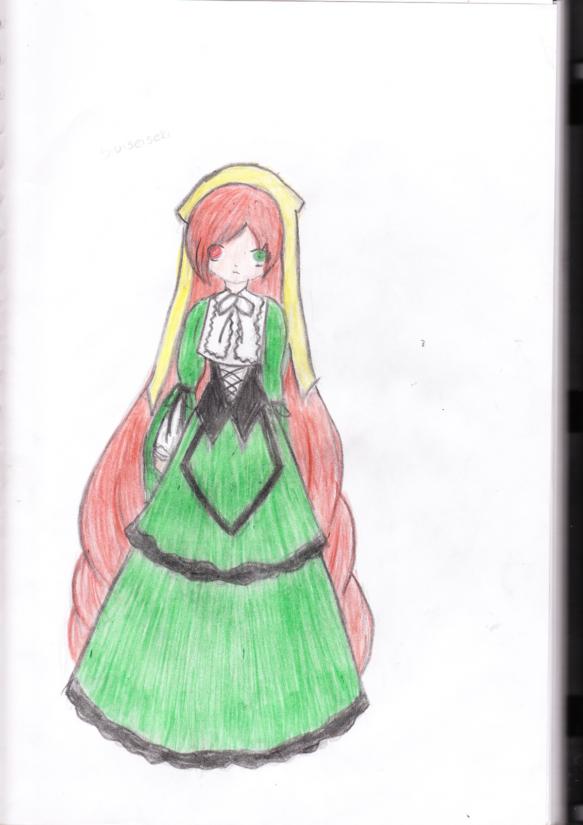 1girl dress full_body green_dress green_eyes head_scarf heterochromia image long_hair long_sleeves looking_at_viewer red_eyes solo standing suiseiseki very_long_hair