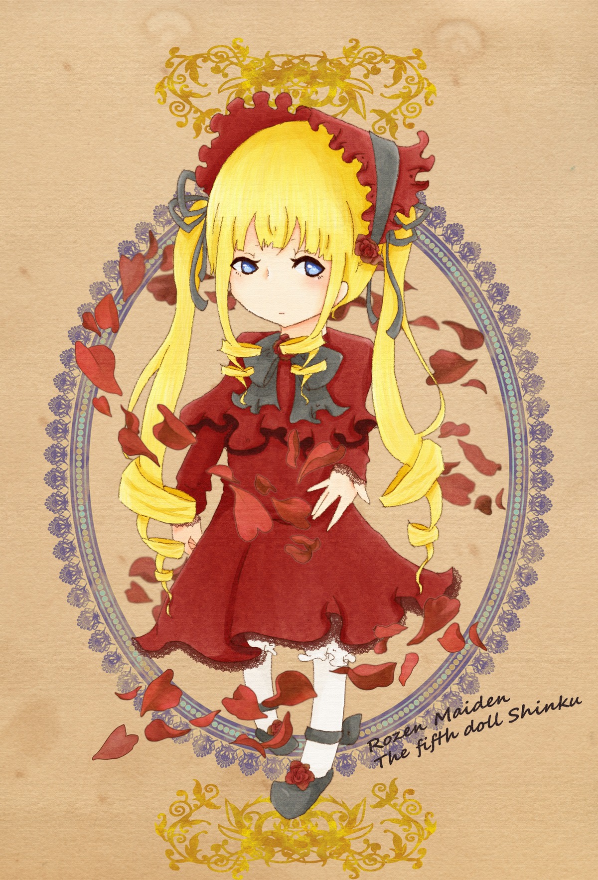 1girl auto_tagged blonde_hair blue_eyes bonnet bow bowtie dress drill_hair flower full_body image long_hair long_sleeves looking_at_viewer petals red_dress rose shinku shoes sidelocks solo standing twintails very_long_hair