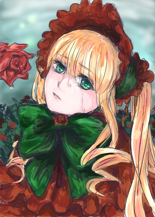 1girl blonde_hair bonnet bow flower green_eyes hairband image long_hair looking_at_viewer rain red_flower red_rose rose shinku solo twintails