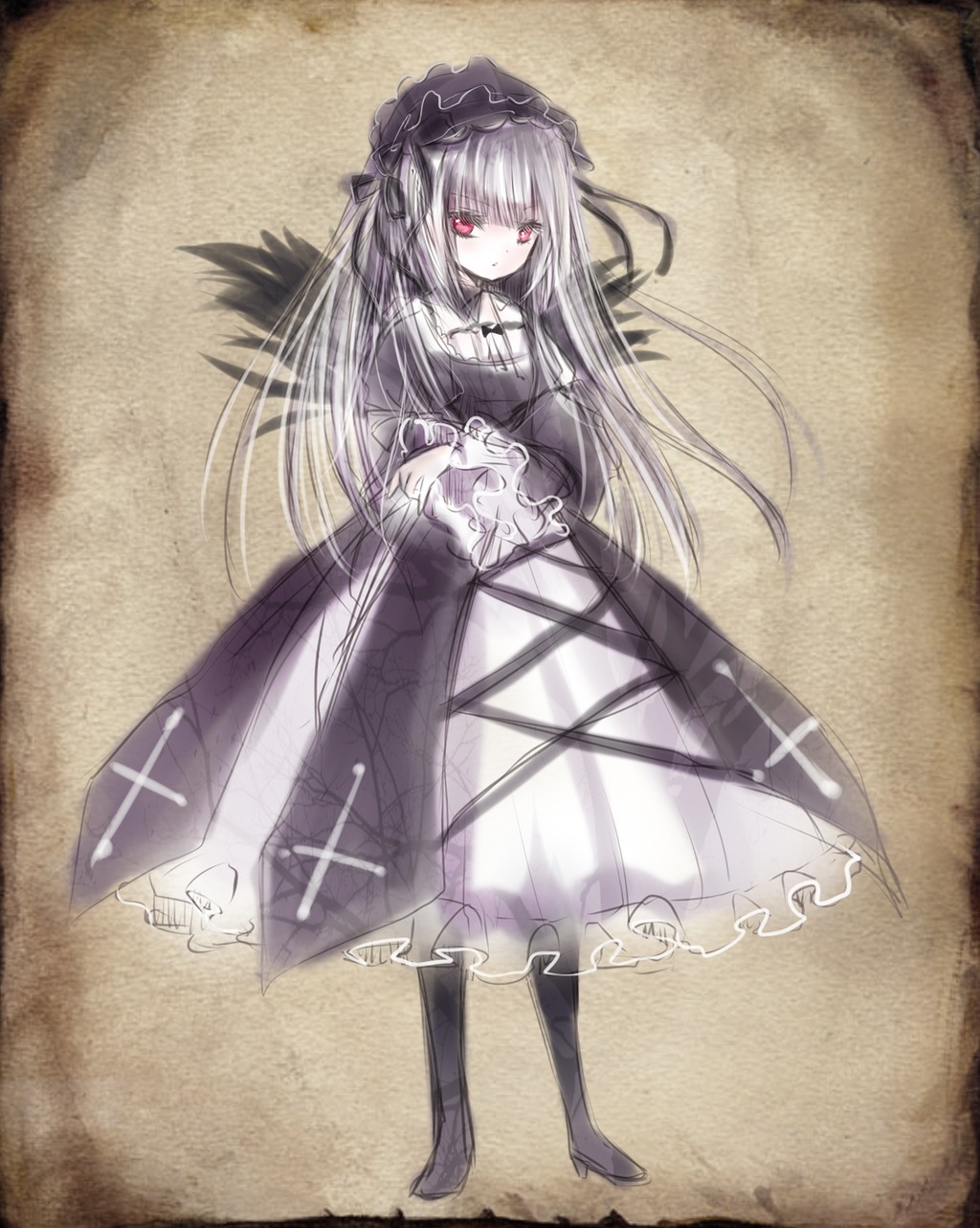 1girl black_dress black_wings dress frills full_body hairband image long_hair long_sleeves looking_at_viewer red_eyes ribbon silver_hair solo suigintou wings