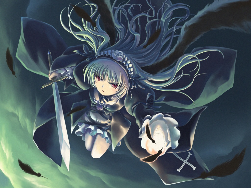 1girl black_wings commentary_request dress feathers floating_hair flower flying frills hairband holding image long_hair long_sleeves moon night ranranloo red_eyes rose rozen_maiden silver_hair solo suigintou sword weapon wings