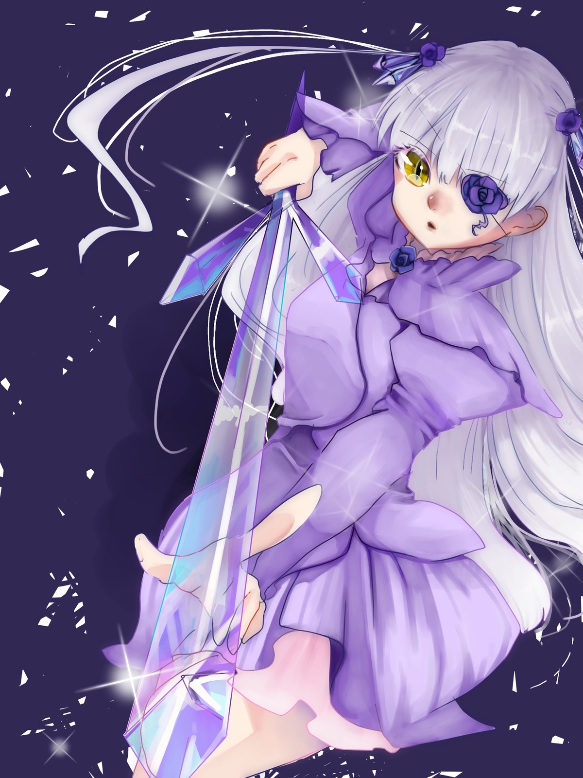 1girl barasuishou dress eyepatch flower hair_ornament holding image long_hair long_sleeves looking_at_viewer petals purple_dress purple_flower purple_rose rose silver_hair solo very_long_hair yellow_eyes