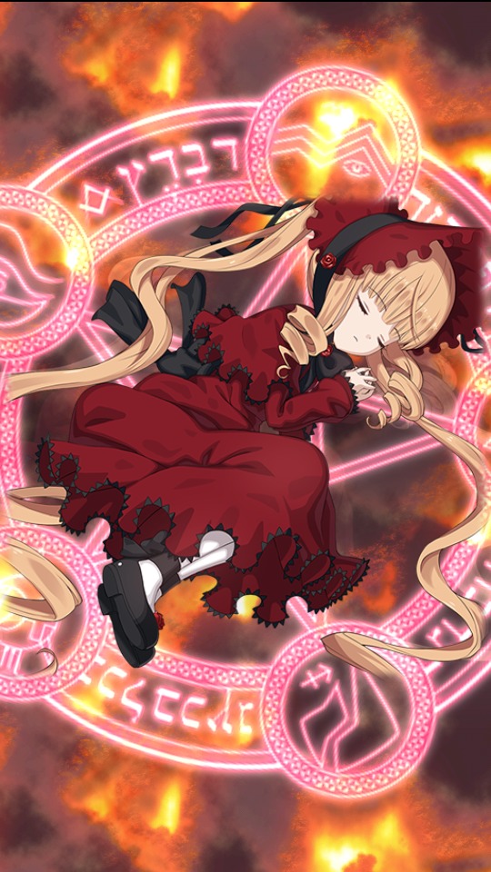 1girl blonde_hair bonnet closed_eyes dress image long_hair long_sleeves magic_circle red_dress ribbon shinku shoes sleeping solo twintails very_long_hair