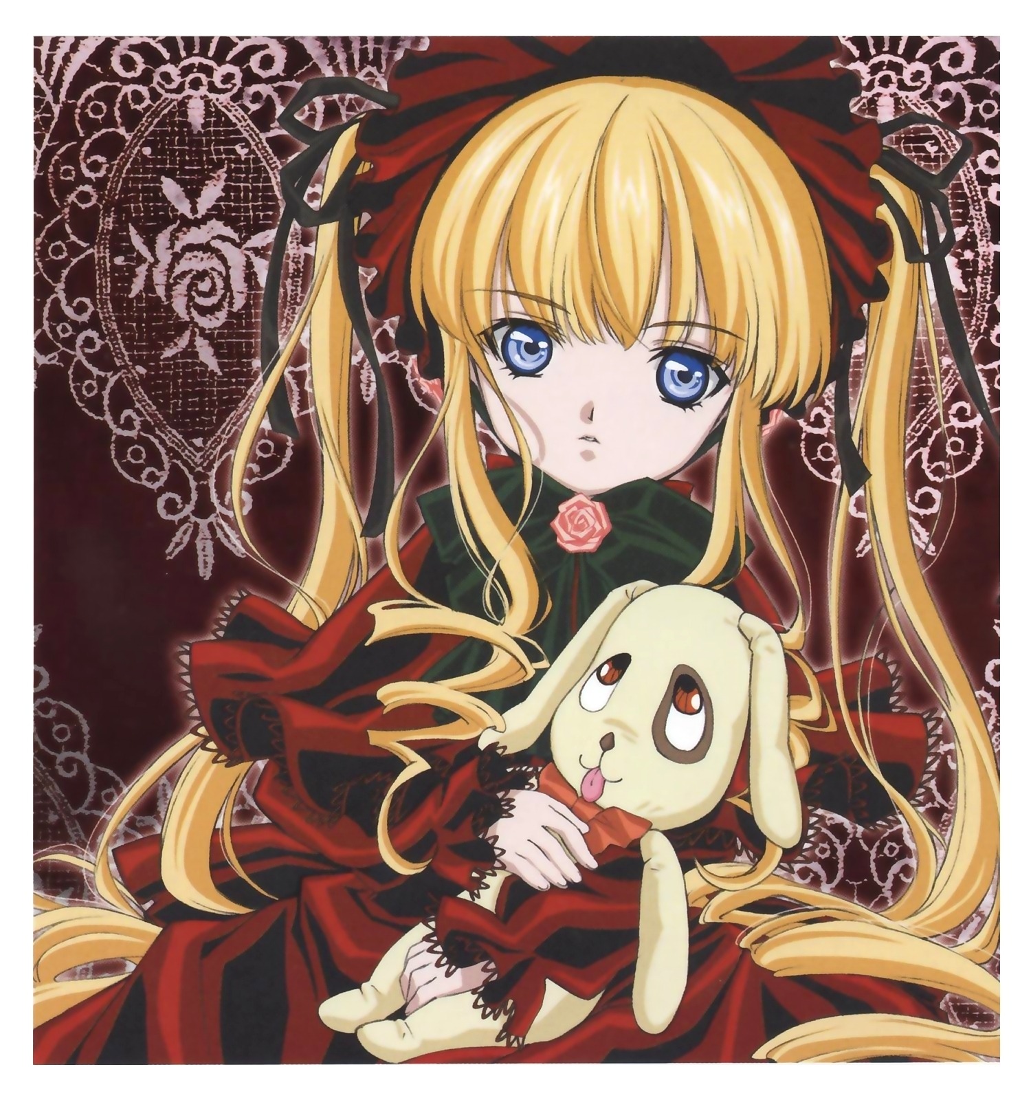 1girl blonde_hair blue_eyes bonnet bow dress drill_hair flower green_bow image long_hair looking_at_viewer pink_rose red_dress rose shinku sidelocks solo twin_drills twintails very_long_hair