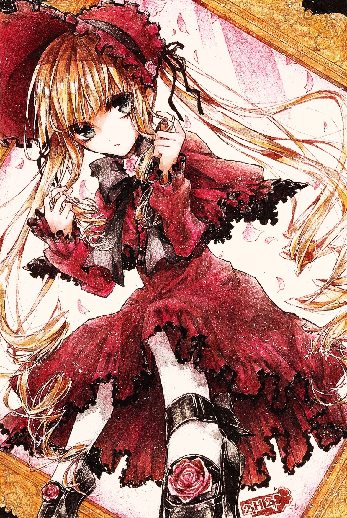 1girl blonde_hair bow dress flower frills green_eyes image long_hair looking_at_viewer marker_(medium) petals red_dress rose rose_petals shinku solo traditional_media twintails