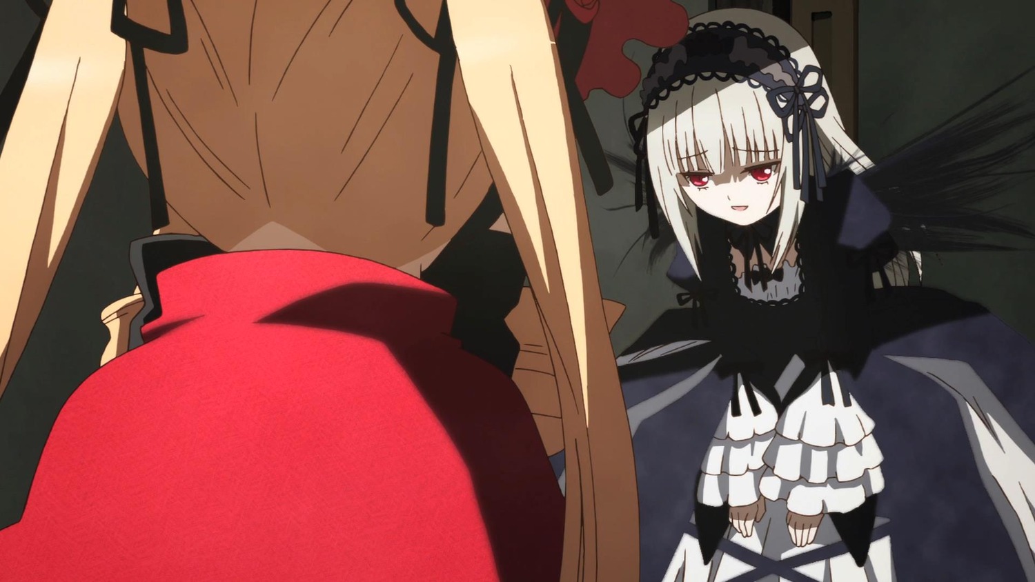 2girls black_dress black_ribbon blonde_hair dress frills hair_ribbon hairband image long_hair long_sleeves multiple_girls pair red_eyes ribbon shinku suigintou wings