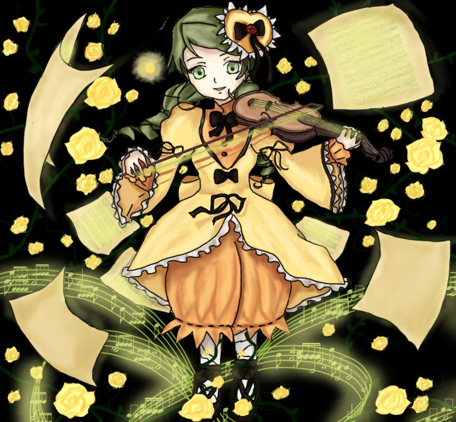 1girl bow dress flower green_eyes green_hair image kanaria long_hair musical_note orange_flower ribbon rose solo white_flower white_rose yellow_dress yellow_flower yellow_rose