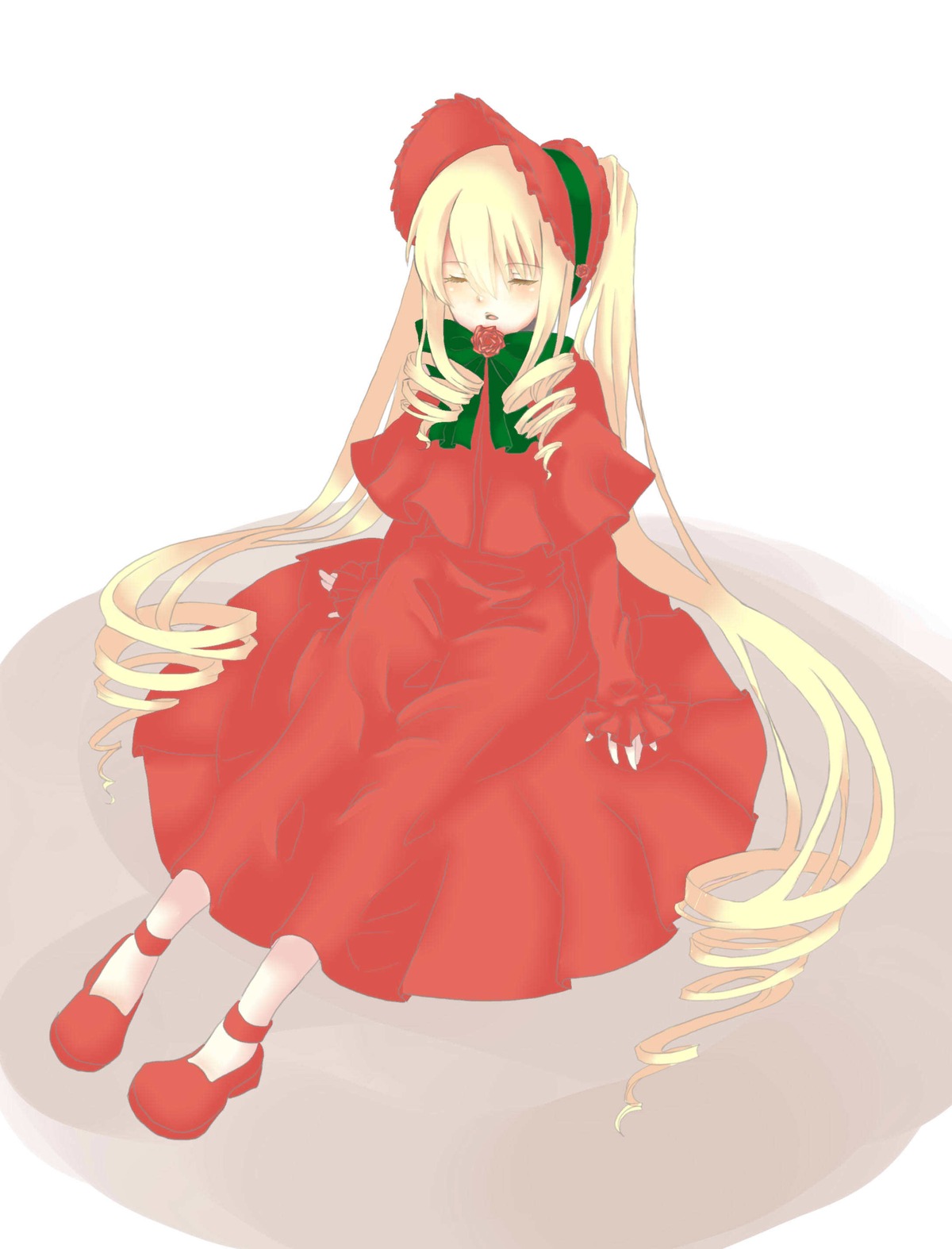 1girl blonde_hair bonnet bow bowtie capelet closed_eyes dress drill_hair flower full_body image long_hair long_sleeves red_dress rose shinku shoes sitting solo very_long_hair