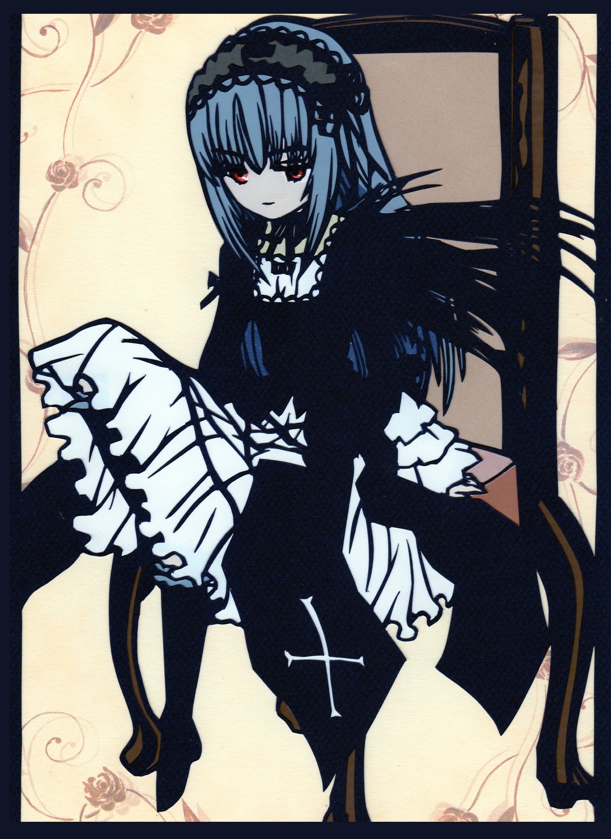 1girl bangs black_dress dress flower frills hairband image lolita_fashion long_sleeves looking_at_viewer puffy_sleeves red_eyes rose sitting solo suigintou