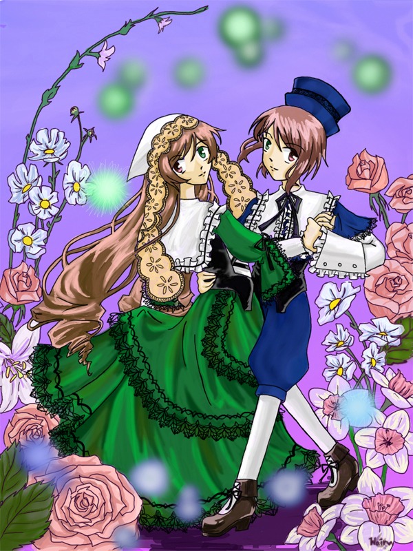 2girls blue_dress brown_hair dress flower frills green_dress green_eyes hat heterochromia holding_hands image long_hair long_sleeves looking_at_viewer multiple_girls pair pantyhose pink_flower pink_rose red_eyes rose short_hair siblings sisters souseiseki suiseiseki top_hat twins very_long_hair watering_can