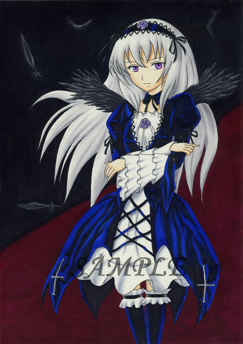 1girl black_wings dress feathers frills hairband image long_hair long_sleeves looking_at_viewer silver_hair solo suigintou wings
