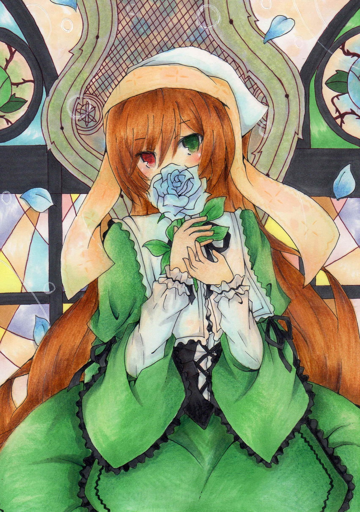 1girl blue_flower blue_rose brown_hair dress flower green_dress green_eyes heterochromia image long_hair looking_at_viewer marker_(medium) petals red_eyes rose solo suiseiseki traditional_media very_long_hair watercolor_(medium)