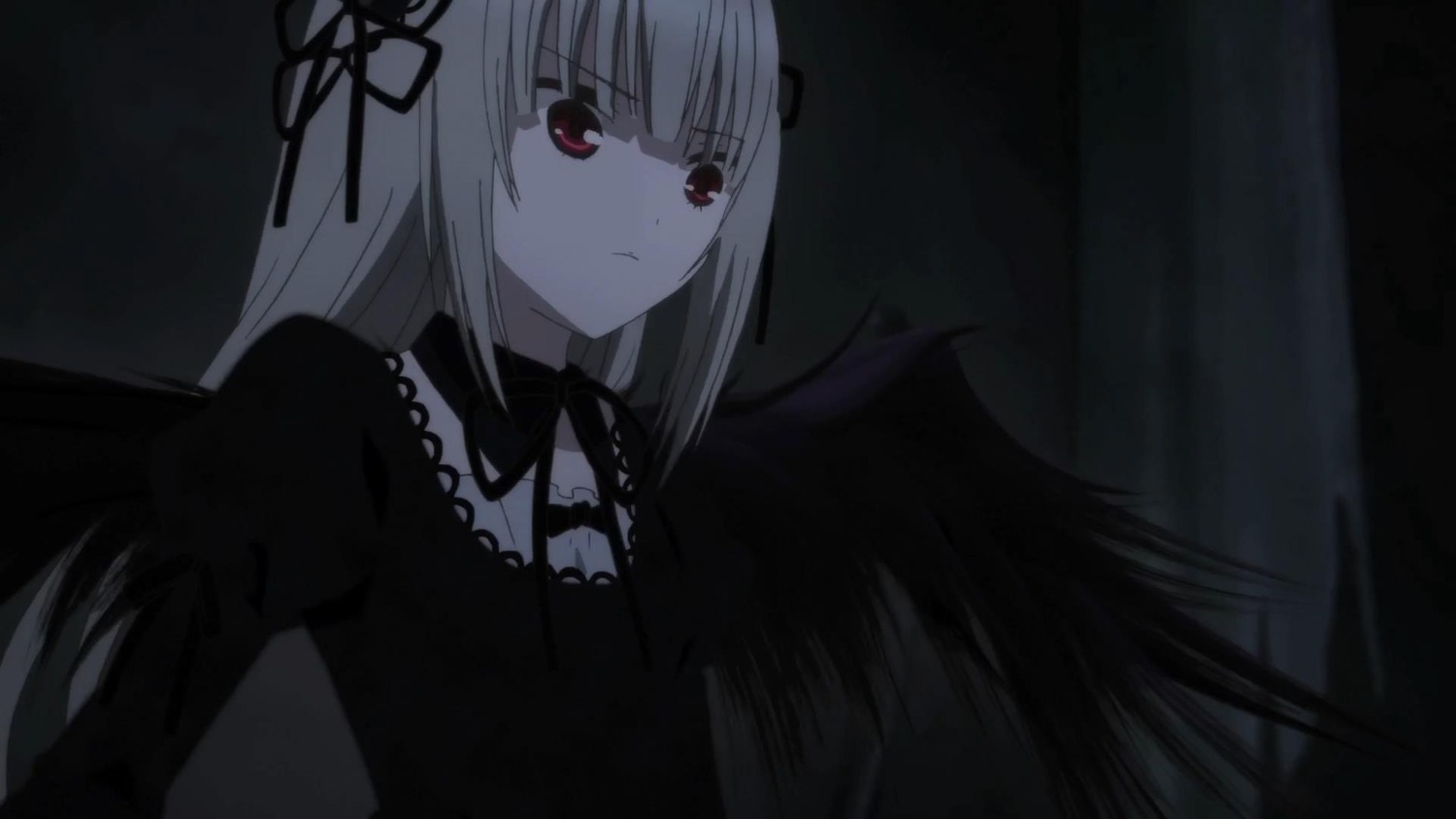 1girl bangs black_dress black_ribbon black_wings closed_mouth detached_collar dress eyebrows_visible_through_hair feathered_wings frills hair_ribbon image juliet_sleeves lolita_fashion long_hair long_sleeves looking_at_viewer red_eyes ribbon silver_hair solo suigintou upper_body wings