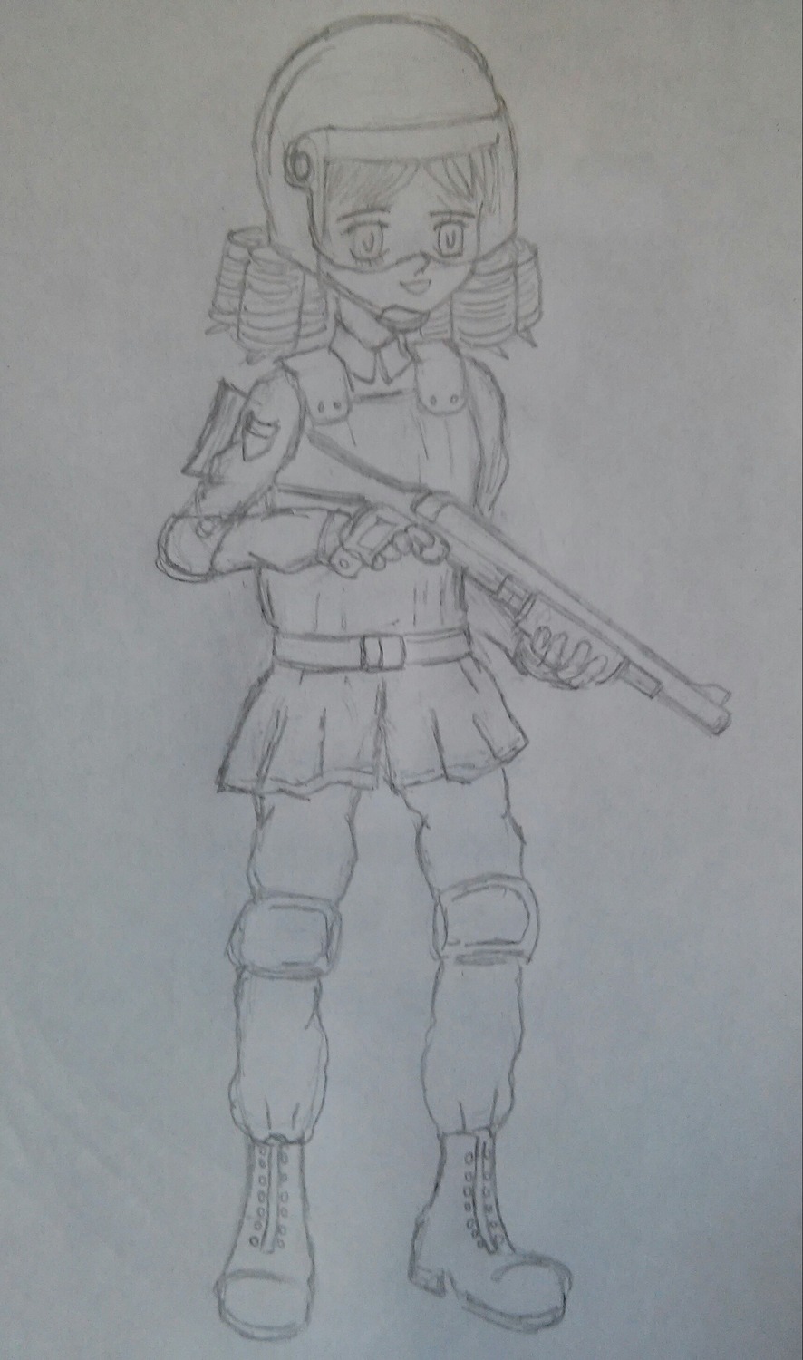 1girl assault_rifle boots greyscale gun headset hinaichigo holding_gun image knee_pads military military_uniform monochrome photo rifle sketch solo traditional_media uniform weapon