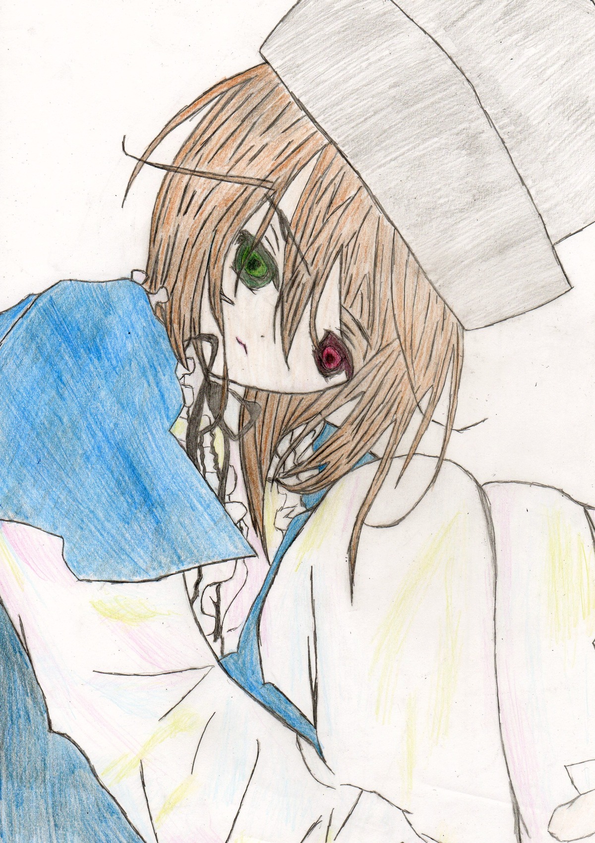 1girl bangs brown_hair closed_mouth eyebrows_visible_through_hair frills green_eyes hat heterochromia image long_sleeves looking_at_viewer red_eyes short_hair simple_background solo souseiseki suiseiseki traditional_media upper_body watercolor_(medium) white_background