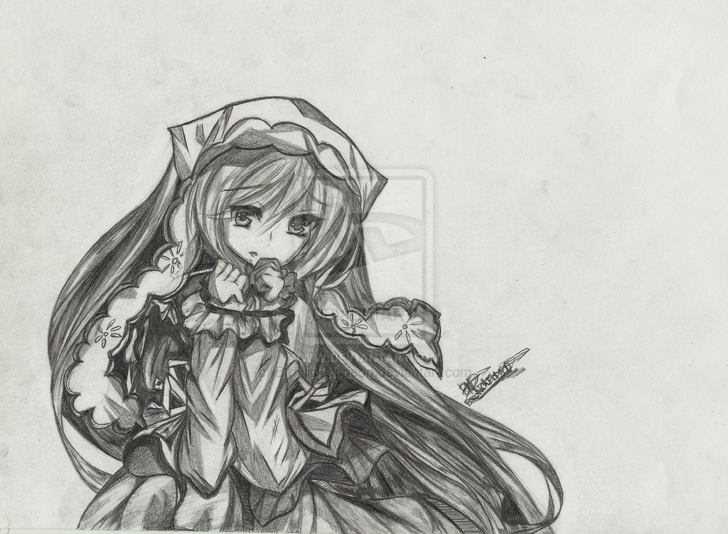 1girl artist_name dress graphite_(medium) greyscale hat image long_hair long_sleeves looking_at_viewer monochrome signature solo suiseiseki traditional_media very_long_hair