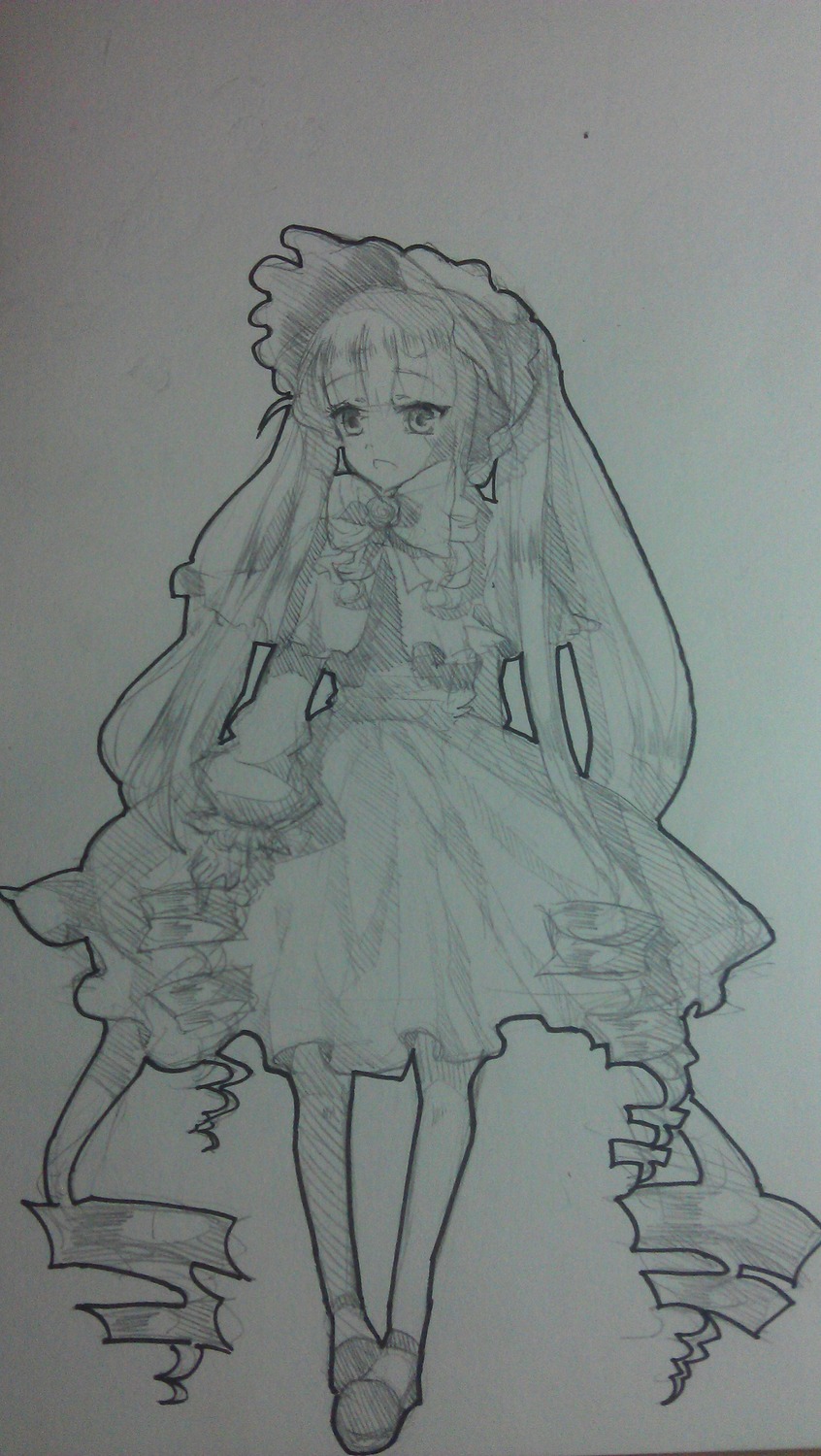 1girl dress full_body greyscale image long_hair long_sleeves monochrome patchouli_knowledge photo shinku shoes solo traditional_media