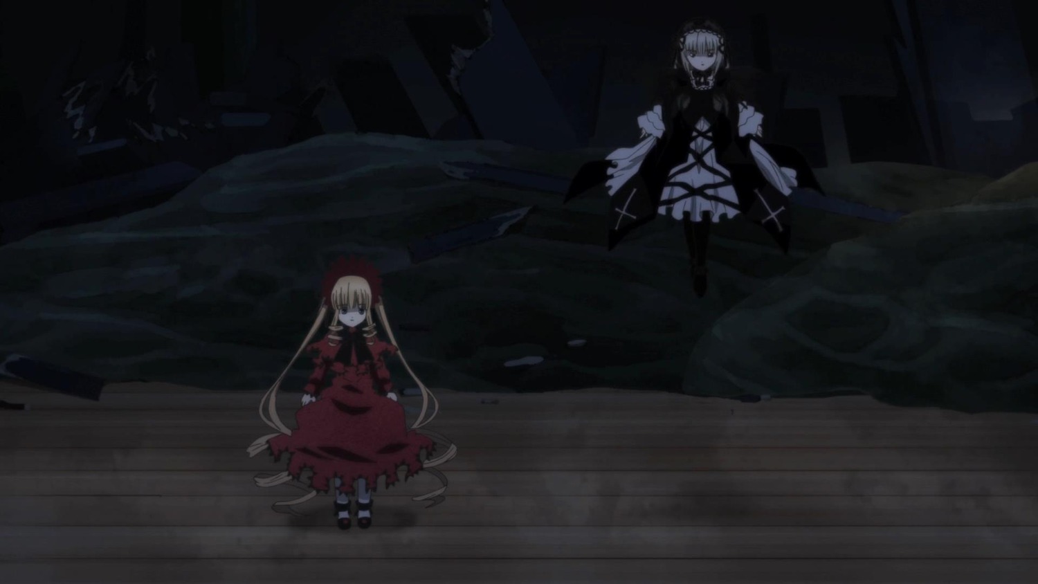 2girls blonde_hair dress image long_hair multiple_girls pair shinku short_hair standing suigintou very_long_hair