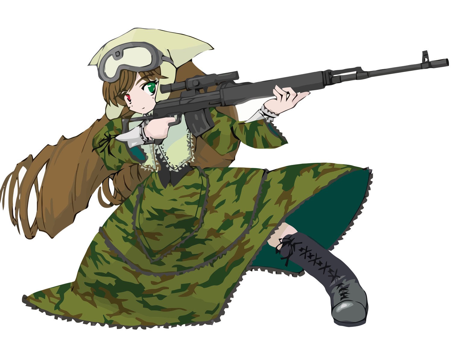 1girl artist_request boots brown_hair camouflage dress drill_hair goggles green_eyes gun hat heterochromia image long_hair long_sleeves machine_gun military_operator psl_romak red_eyes rifle rozen_maiden sniper_rifle solo suiseiseki very_long_hair weapon