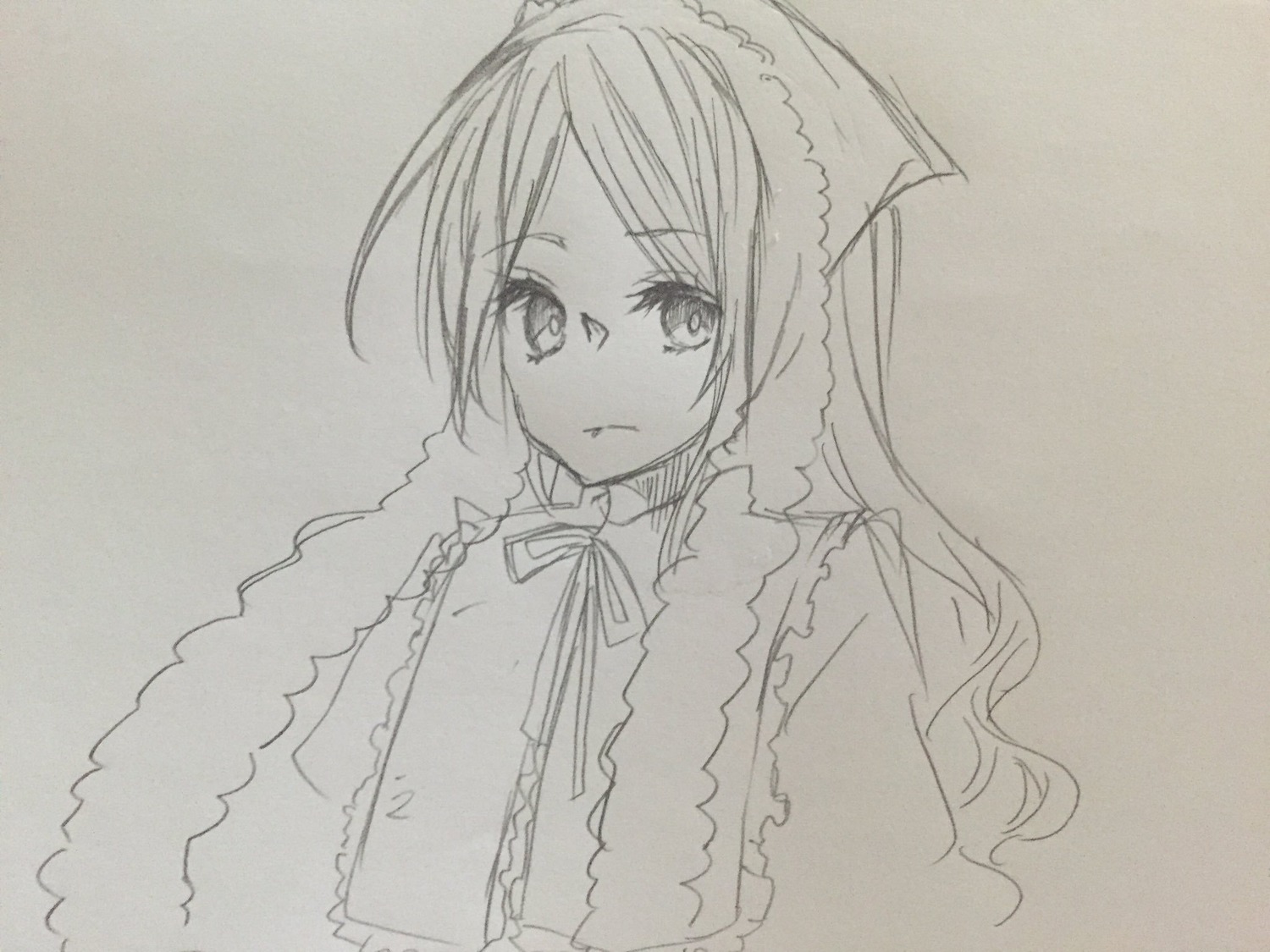 1girl bangs braid closed_mouth dress eyebrows_visible_through_hair greyscale image long_hair long_sleeves looking_at_viewer monochrome neck_ribbon simple_background solo suiseiseki traditional_media upper_body