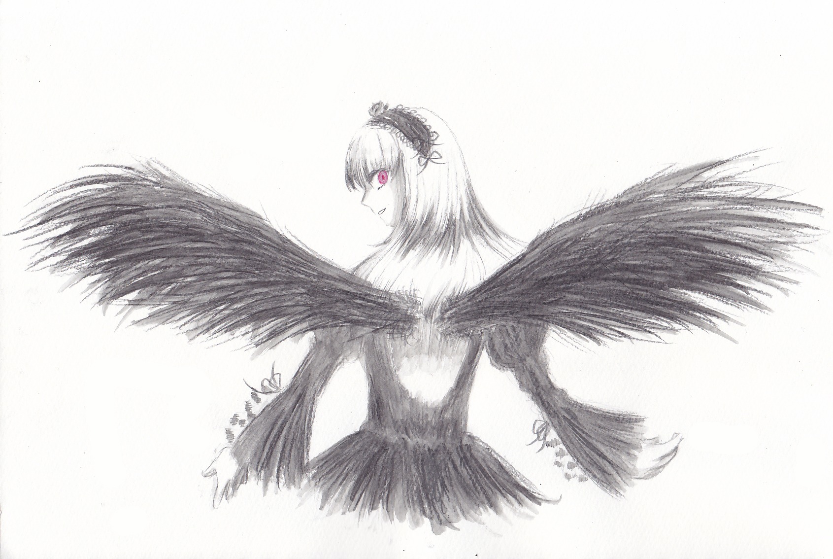 1girl black_wings dress feathered_wings feathers hairband image long_hair looking_at_viewer looking_back red_eyes simple_background smile solo suigintou white_background wings