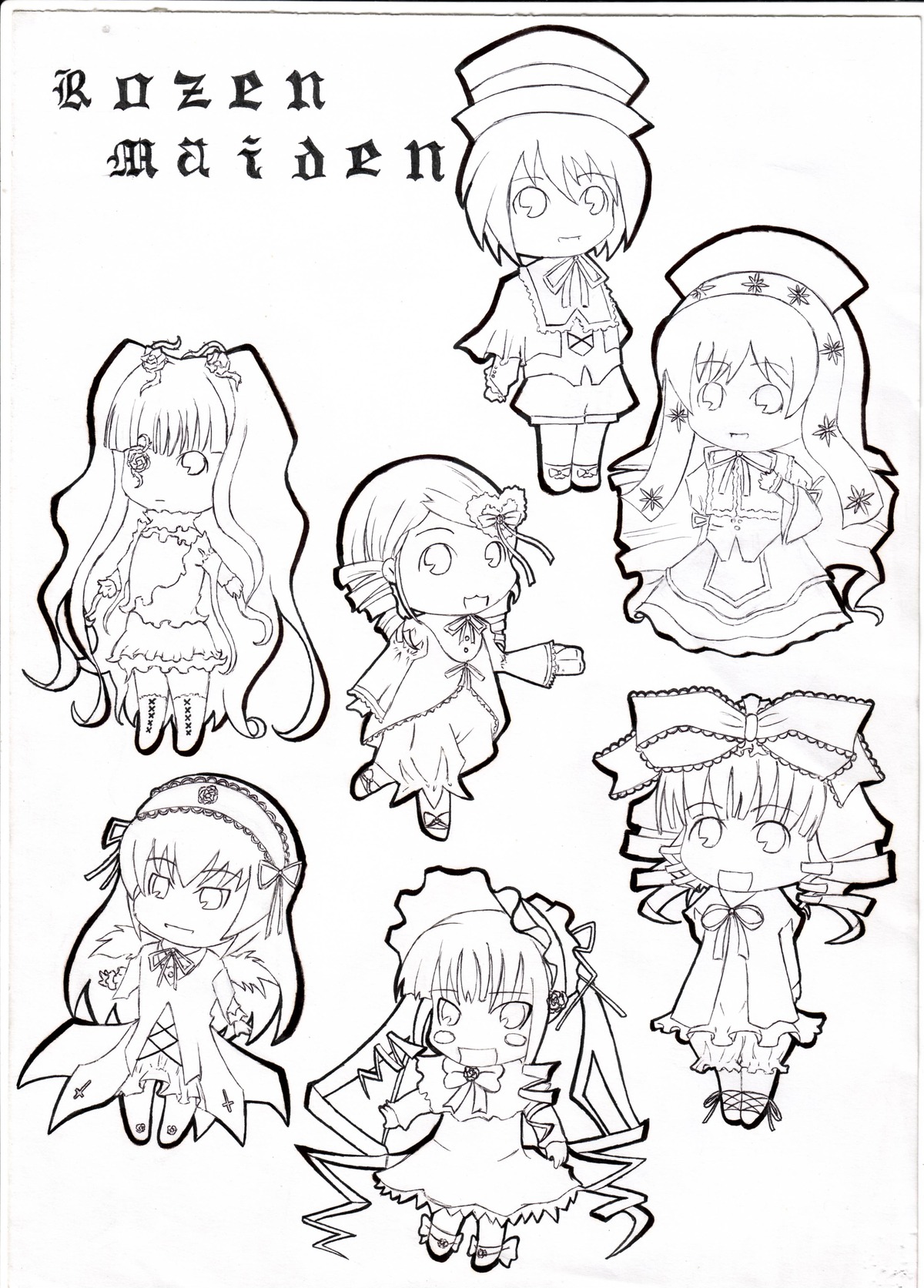 6+girls chibi dress drill_hair hat hina_ichigo image kanaria long_hair long_sleeves monochrome multiple multiple_girls shinku short_hair suigintou suiseiseki tagme twin_drills very_long_hair