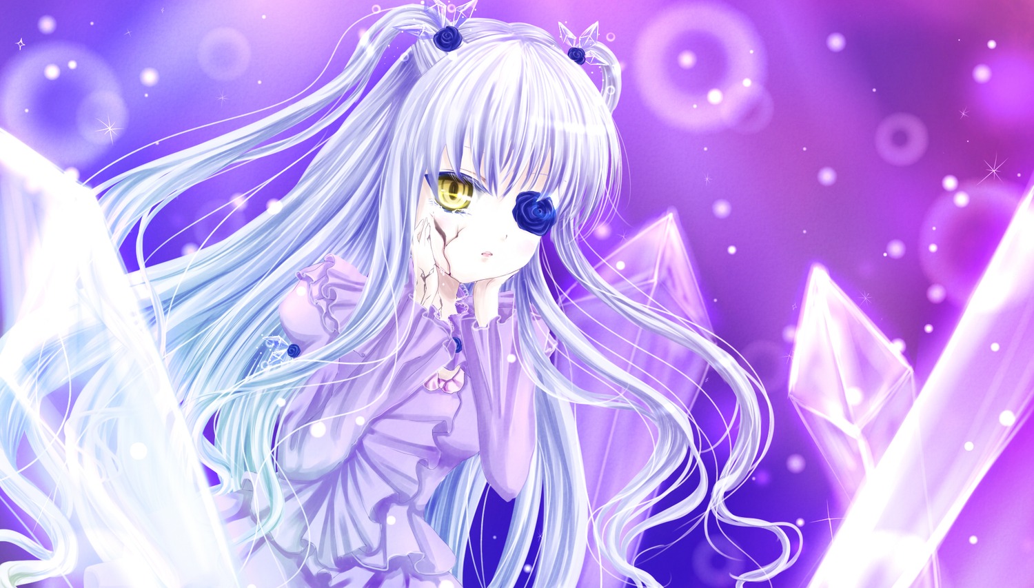 1girl barasuishou dress frills hair_ornament image long_hair long_sleeves looking_at_viewer purple_theme silver_hair solo two_side_up very_long_hair wings yellow_eyes