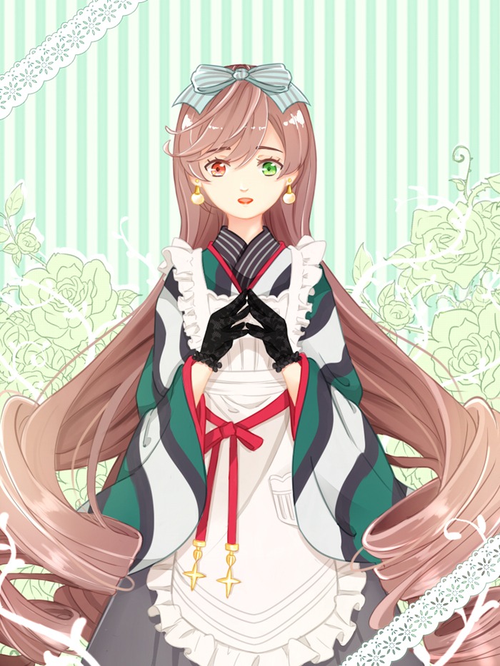 1girl apron black_gloves bow brown_hair cross earrings flower gloves green_eyes hair_bow heterochromia image japanese_clothes jewelry kimono long_hair long_sleeves looking_at_viewer red_eyes rose solo striped striped_background striped_bow suiseiseki vertical_stripes very_long_hair wide_sleeves
