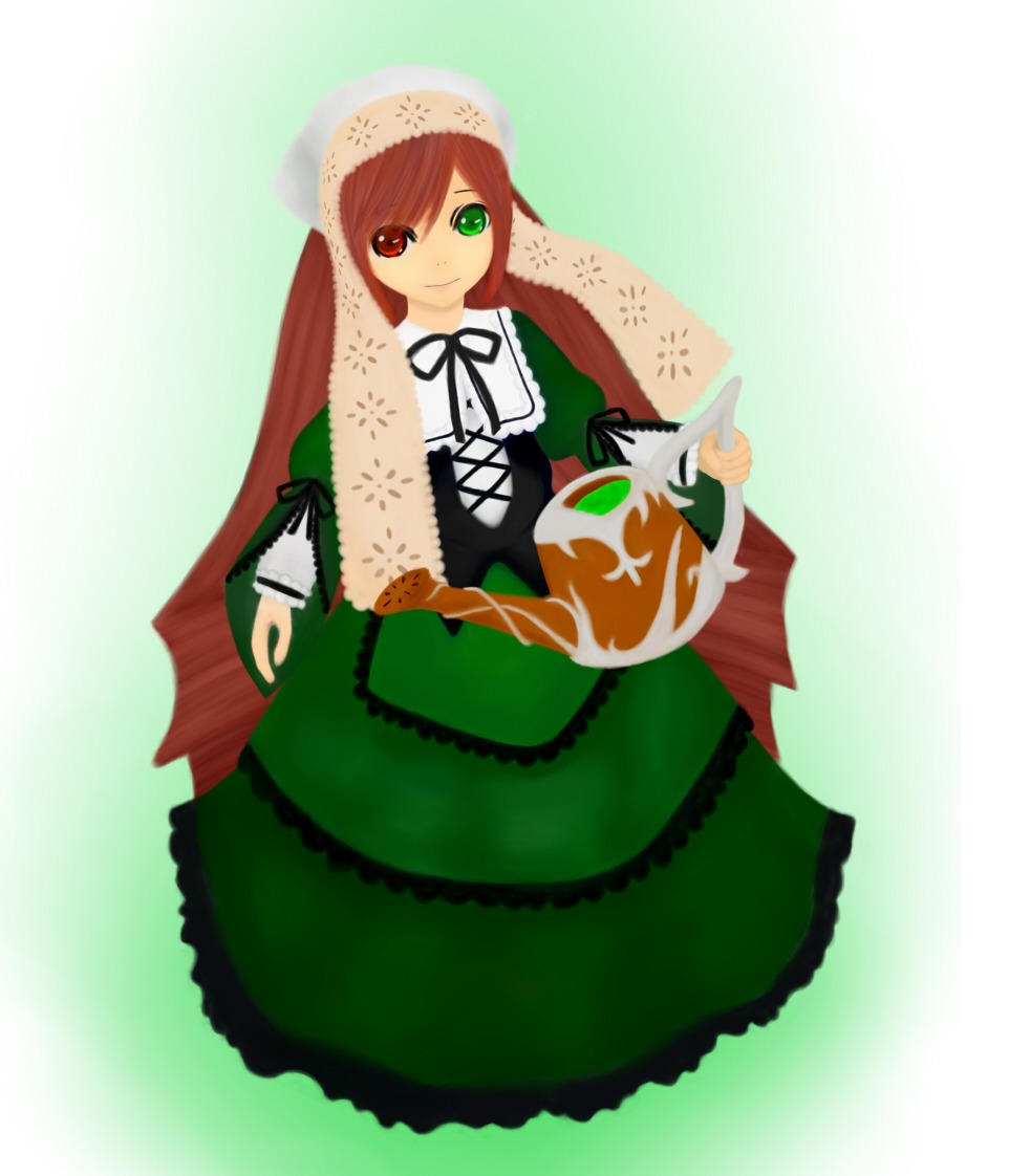 1girl brown_hair dress frills full_body green_dress green_eyes heterochromia image long_hair long_sleeves looking_at_viewer red_eyes simple_background solo suiseiseki very_long_hair watering_can