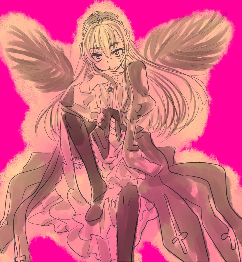 1girl dress flower frills image long_hair long_sleeves monochrome pink_background solo suigintou wings