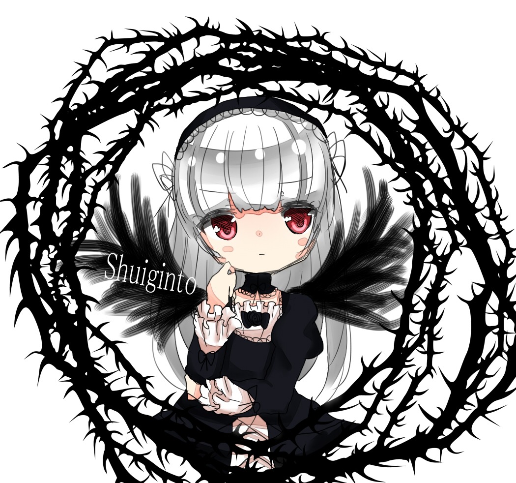 1girl bangs black_dress blush dress eyebrows_visible_through_hair frills gothic_lolita hairband image juliet_sleeves lolita_fashion long_hair long_sleeves looking_at_viewer puffy_sleeves red_eyes silver_hair solo suigintou white_background