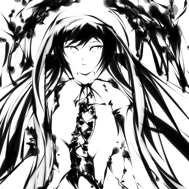 1girl blush closed_mouth greyscale image long_hair looking_at_viewer monochrome smile solo suiseiseki very_long_hair white_background