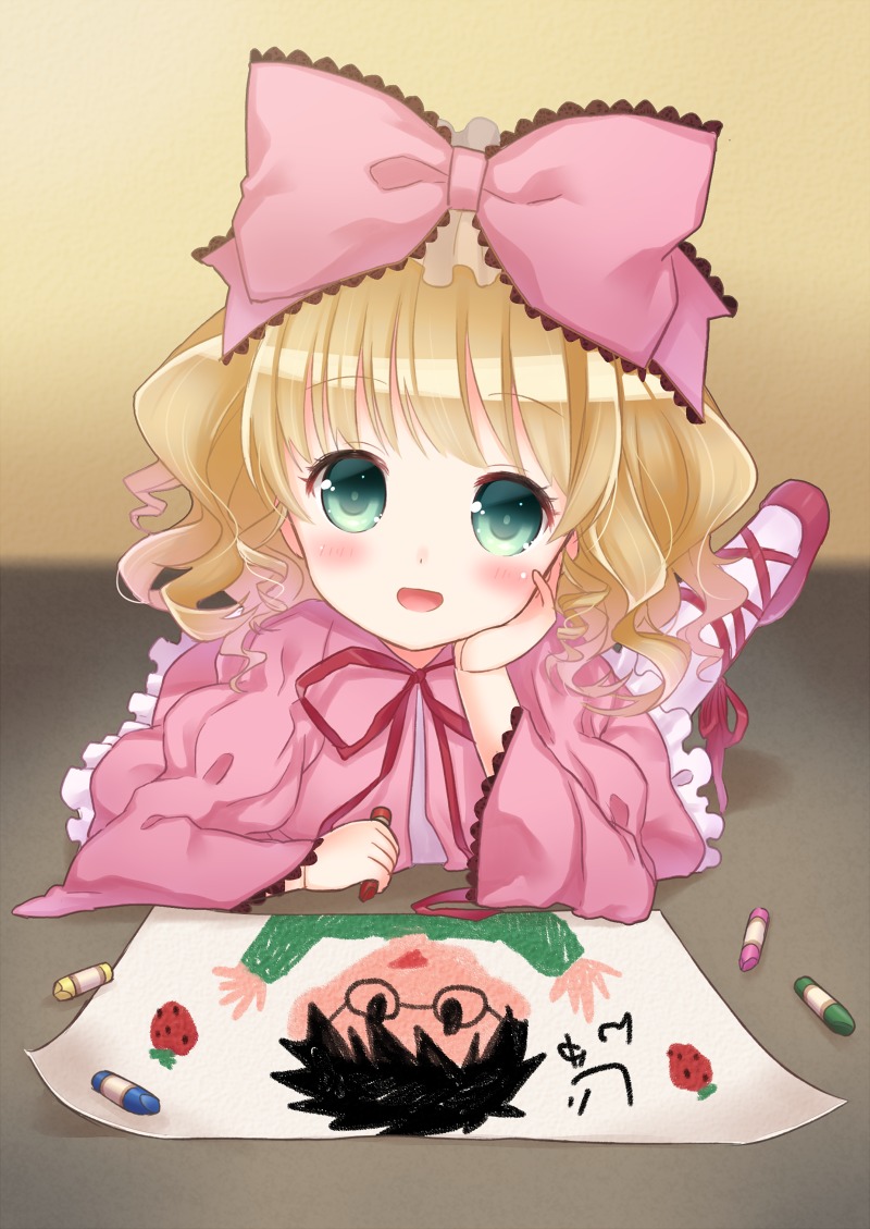 1girl :d bangs blonde_hair blush bow child_drawing commentary_request crayon doll_joints dress eyebrows_visible_through_hair food frilled_dress frills fruit green_eyes hair_bow hina_ichigo hinaichigo holding holding_crayon image joints juliet_sleeves lolita_fashion long_hair long_sleeves looking_at_viewer lying masuishi_kinoto on_stomach open_mouth pantyhose pink_bow pink_dress pink_legwear puffy_sleeves red_footwear ribbon rozen_maiden see-through shoes smile solo strawberry strawberry_print very_long_hair wavy_hair wide_sleeves