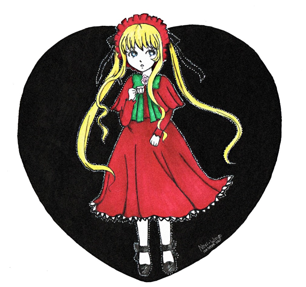 1girl blonde_hair blue_eyes bonnet bow bowtie capelet dated dress flower full_body green_bow image long_hair long_sleeves looking_at_viewer red_dress rose shinku shoes sidelocks signature solo standing twintails