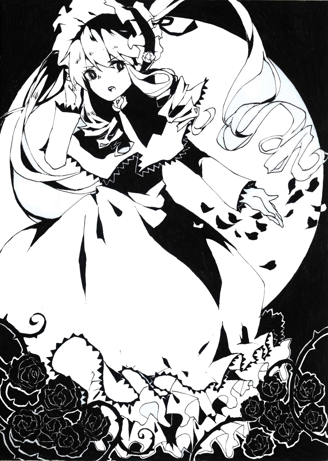 1girl dress drill_hair flower frills greyscale image long_hair long_sleeves monochrome open_mouth petals red_flower red_rose rose rose_petals shinku solo thorns twin_drills twintails white_rose