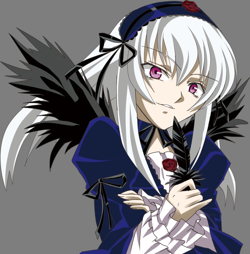 1girl black_wings dress flower frilled_sleeves frills hairband image lolita_hairband long_hair long_sleeves looking_at_viewer pink_eyes rose silver_hair solo suigintou upper_body wings