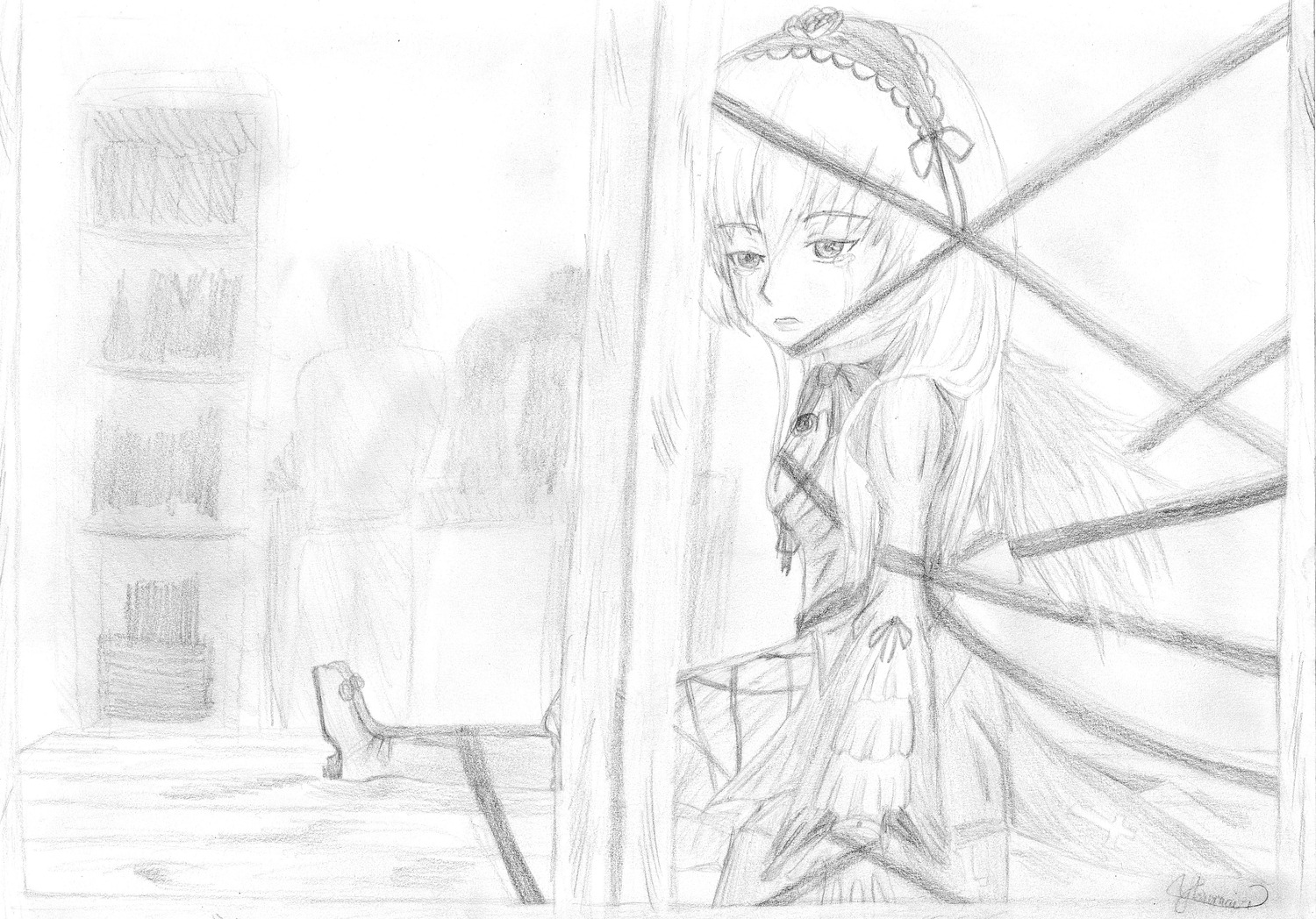 1girl dress graphite_(medium) greyscale hairband image long_hair monochrome sketch solo suigintou traditional_media