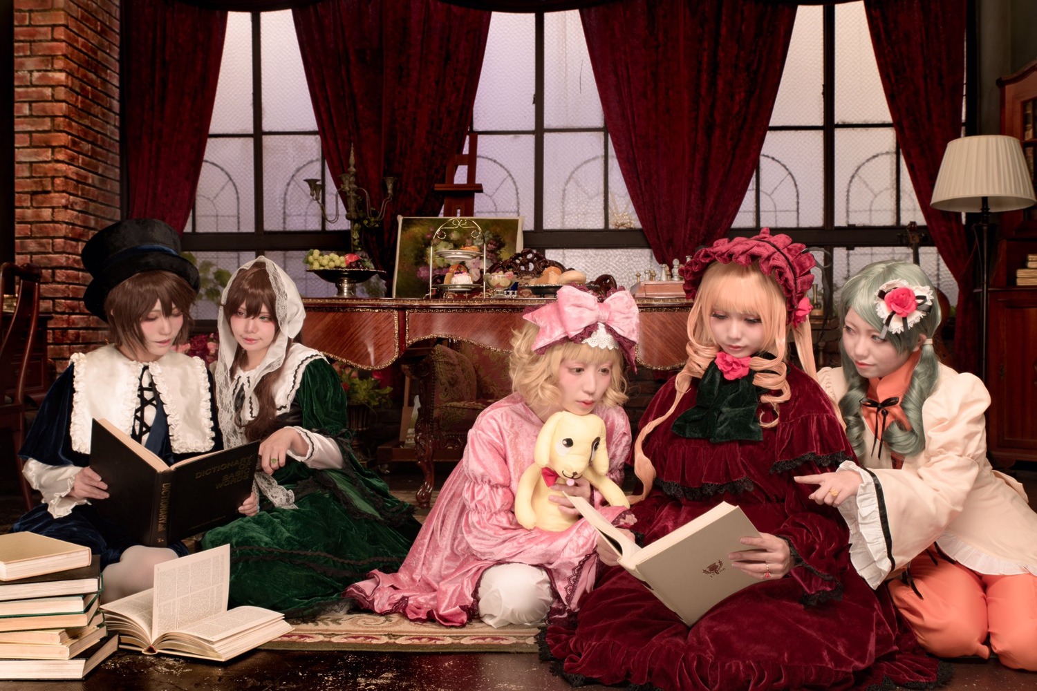 blonde_hair book bow brown_hair closed_eyes curtains dress flower hair_ornament hat indoors long_sleeves multiple_cosplay multiple_girls pink_bow pink_dress rose short_hair sitting tagme window