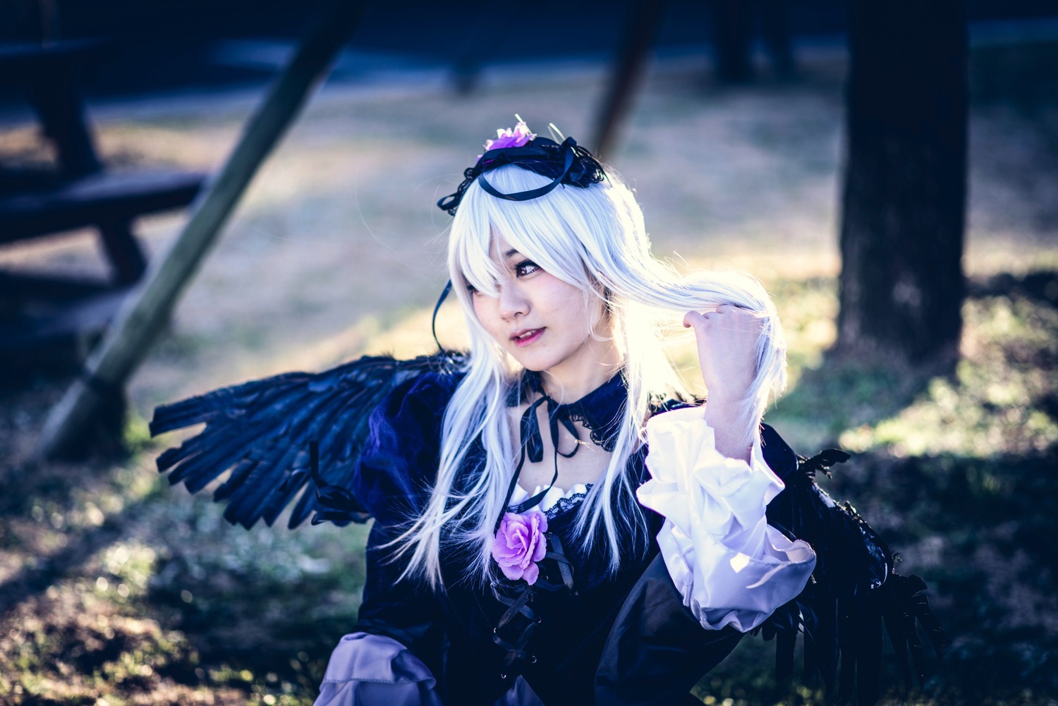 1girl blurry blurry_background choker depth_of_field dress flower lips long_hair outdoors solo suigintou upper_body wings