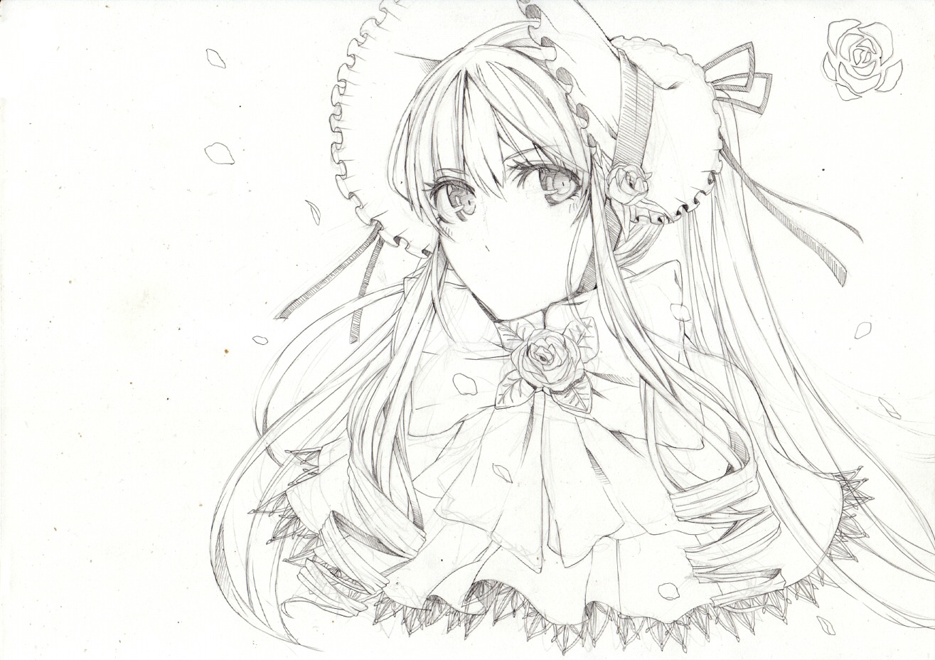 1girl bonnet flower image long_hair looking_at_viewer monochrome ribbon rose shinku solo traditional_media twintails upper_body