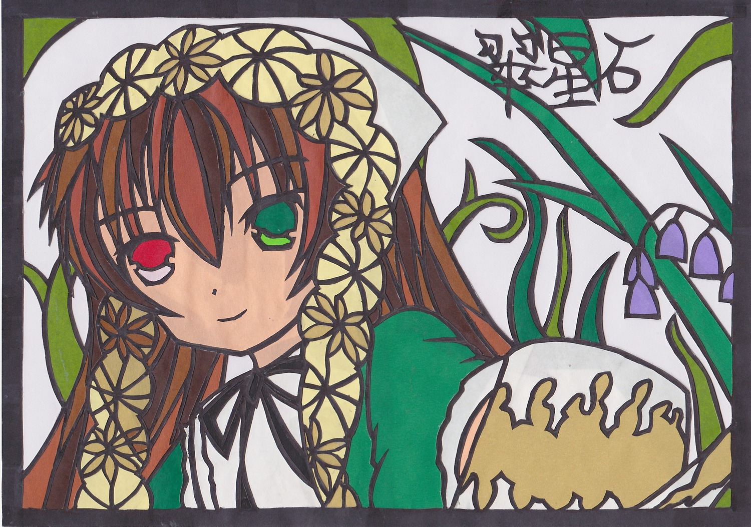 1girl brown_hair closed_mouth dress flower green_eyes head_scarf heterochromia image leaf long_hair looking_at_viewer plant red_eyes ribbon simple_background smile solo suiseiseki