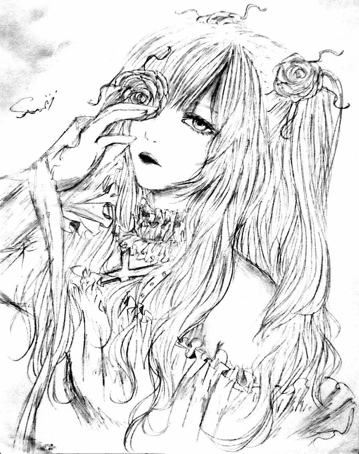 1girl eyelashes flower greyscale hair_flower hair_ornament image kirakishou long_hair looking_at_viewer monochrome one_side_up rose solo traditional_media