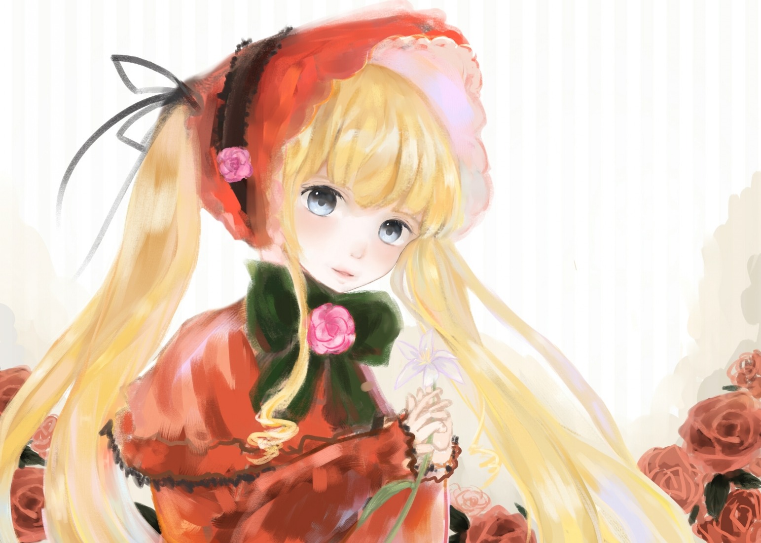 1girl blonde_hair blue_eyes bonnet bow bowtie capelet dress flower image long_hair long_sleeves looking_at_viewer pink_flower pink_rose red_capelet red_flower red_rose rose shinku solo twintails