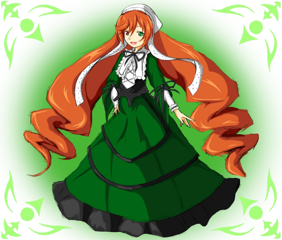 1girl auto_tagged beamed_eighth_notes dress eighth_note green_eyes heterochromia image long_hair long_sleeves looking_at_viewer musical_note open_mouth orange_hair pantyhose quarter_note red_eyes smile solo suiseiseki twintails very_long_hair