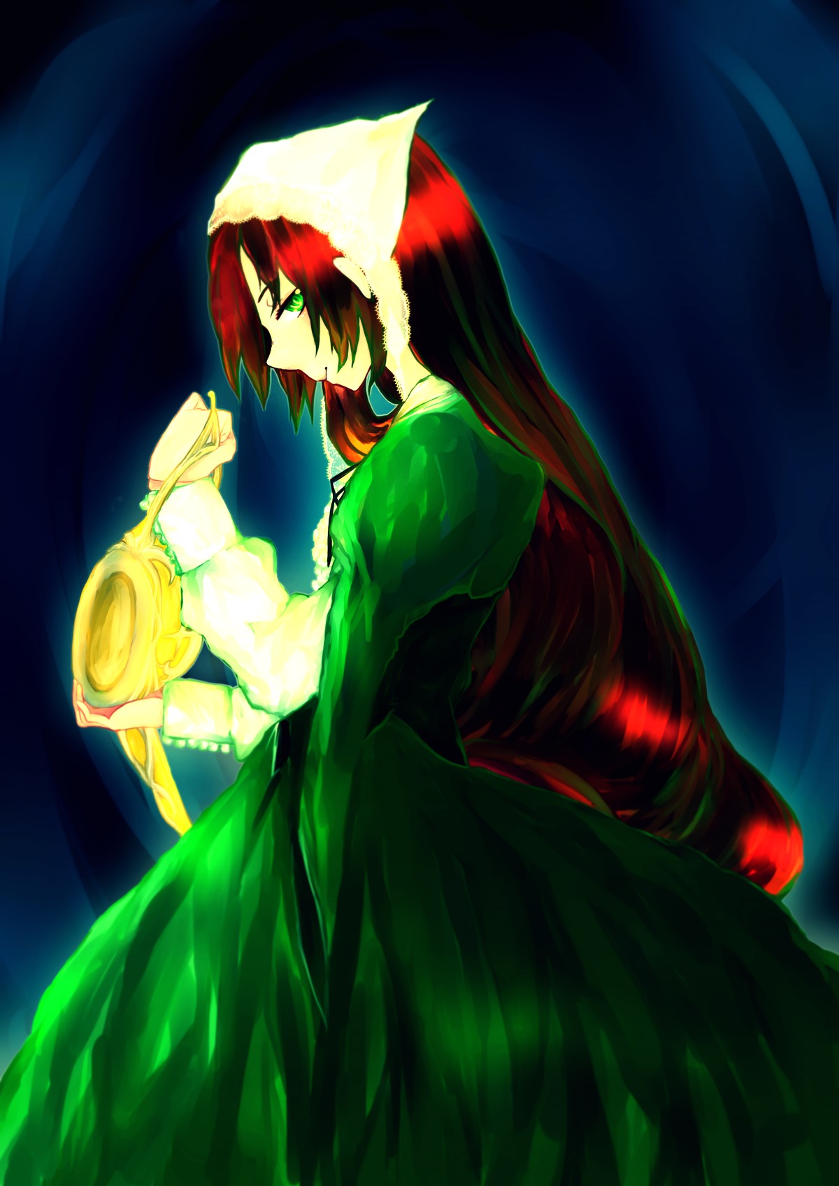 1girl dress green_dress green_eyes hong_meiling image long_hair long_sleeves profile red_hair solo suiseiseki