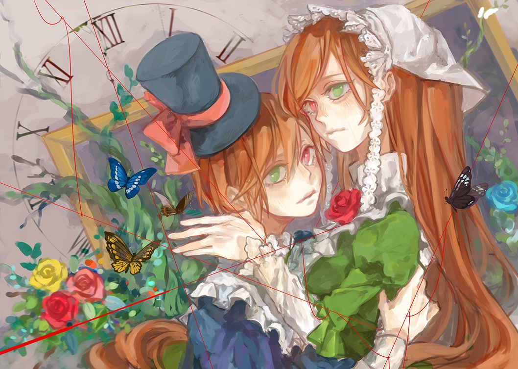 2girls blue_butterfly bug butterfly dress dual_persona flower green_eyes hat heterochromia image insect long_hair multiple_girls pair red_eyes red_flower red_rose rose siblings sisters souseiseki suiseiseki tears top_hat twins vines yellow_flower