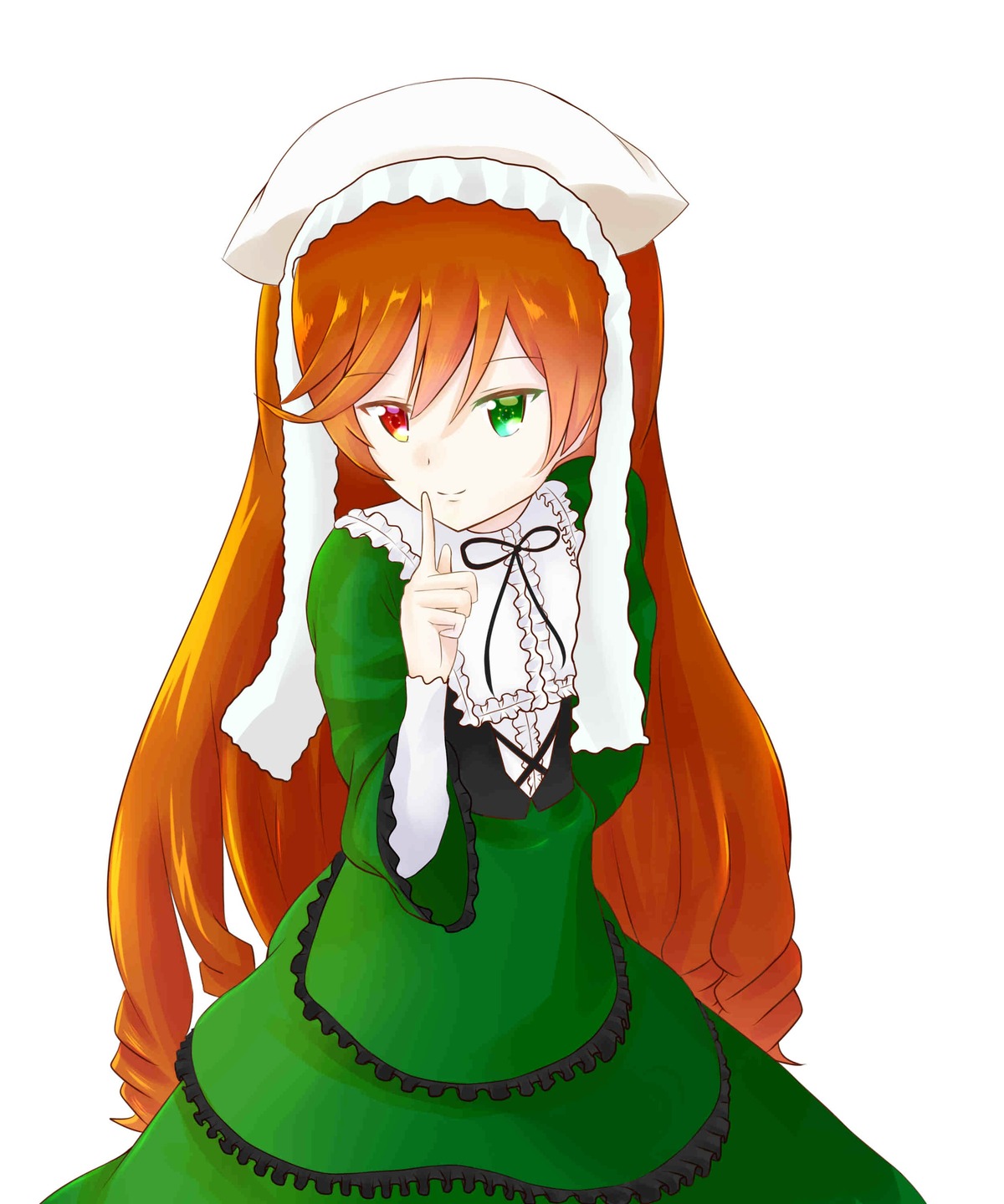 1girl black_ribbon dress finger_to_mouth frills green_dress green_eyes hat head_scarf heterochromia image index_finger_raised long_hair long_sleeves looking_at_viewer orange_hair red_eyes ribbon simple_background solo suiseiseki very_long_hair white_background